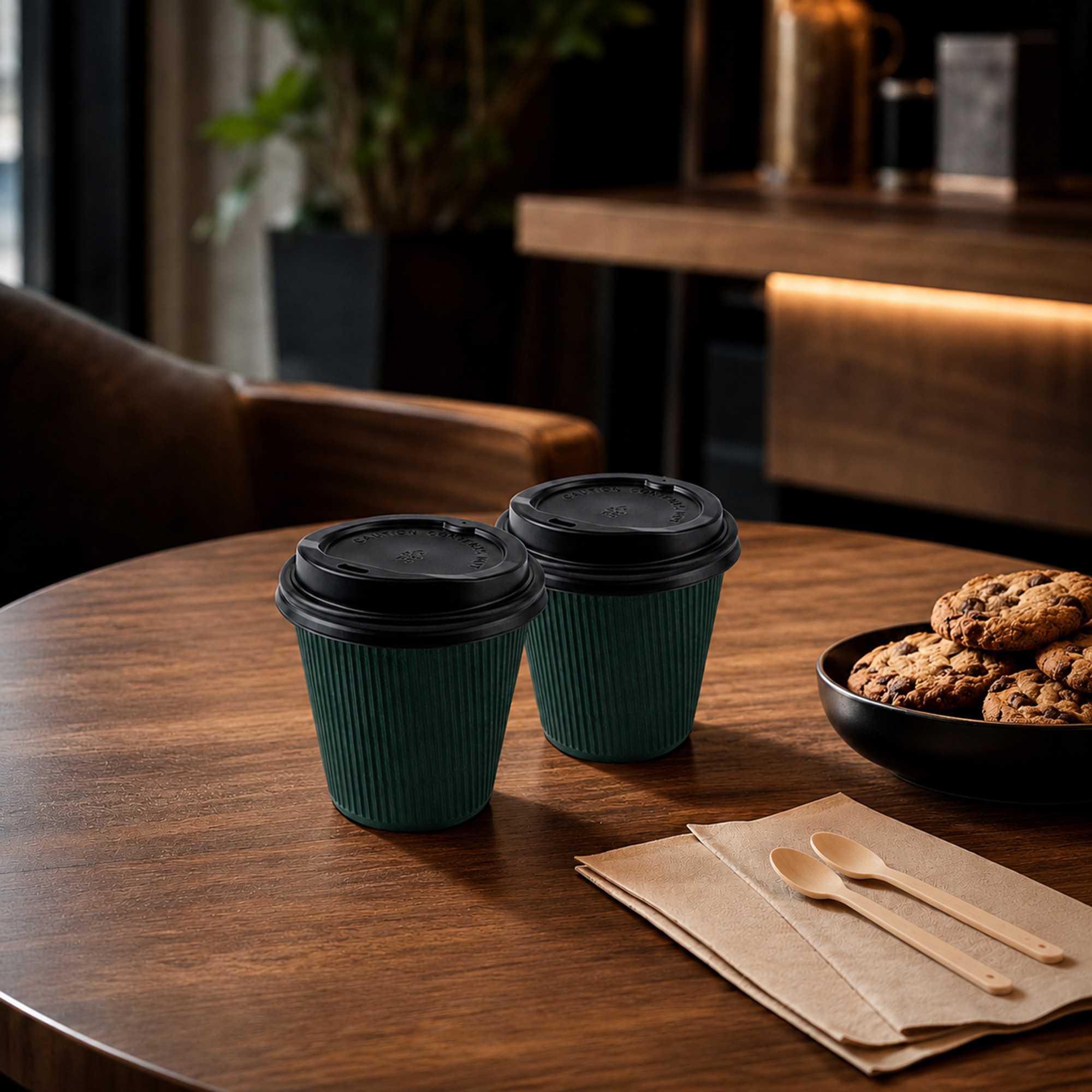 Restpresso 8 oz Forest Green Paper Ripple Wall Coffee Cup - with Black Lid - 3 1/2" x 3 1/2" x 4" - 400 count box