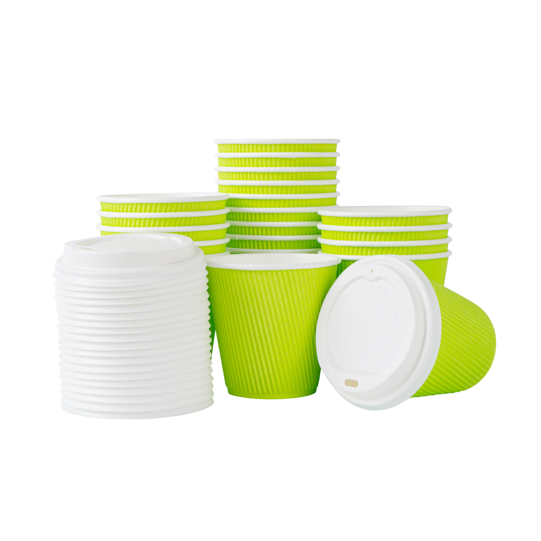 Restpresso 8 oz Eco Green Paper Ripple Wall Coffee Cup - with White Lid - 3 1/2" x 3 1/2" x 4" - 400 count box