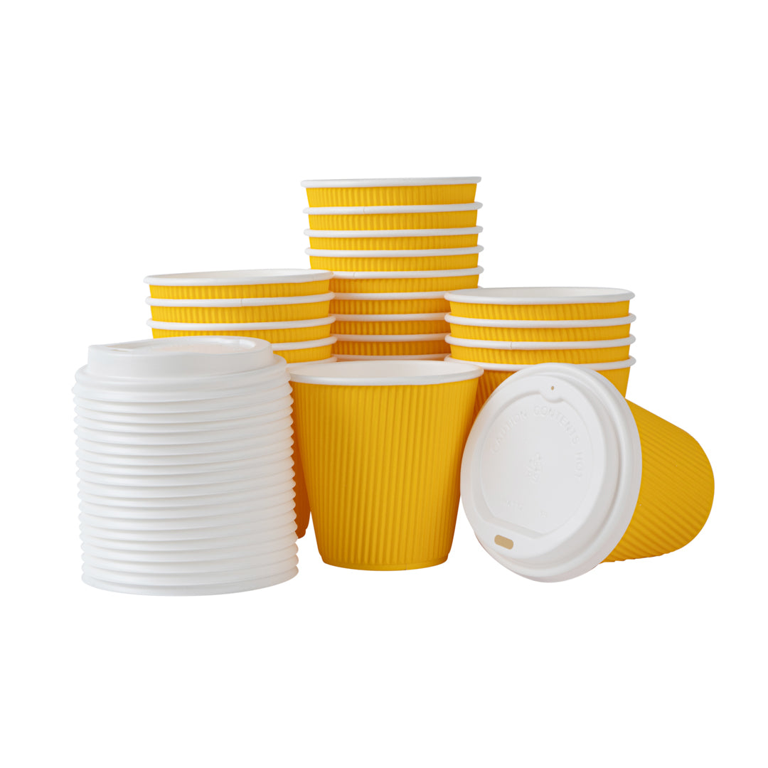 Restpresso 8 oz Yellow Paper Ripple Wall Coffee Cup - with White Lid - 3 1/2" x 3 1/2" x 4" - 400 count box