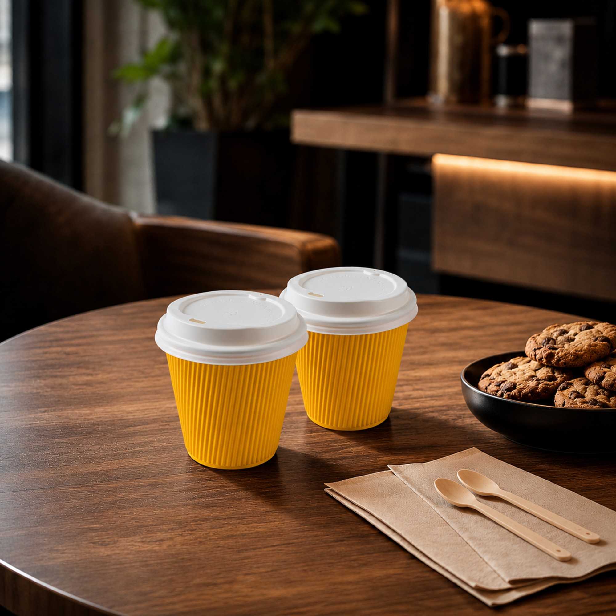 Restpresso 8 oz Yellow Paper Ripple Wall Coffee Cup - with White Lid - 3 1/2" x 3 1/2" x 4" - 400 count box