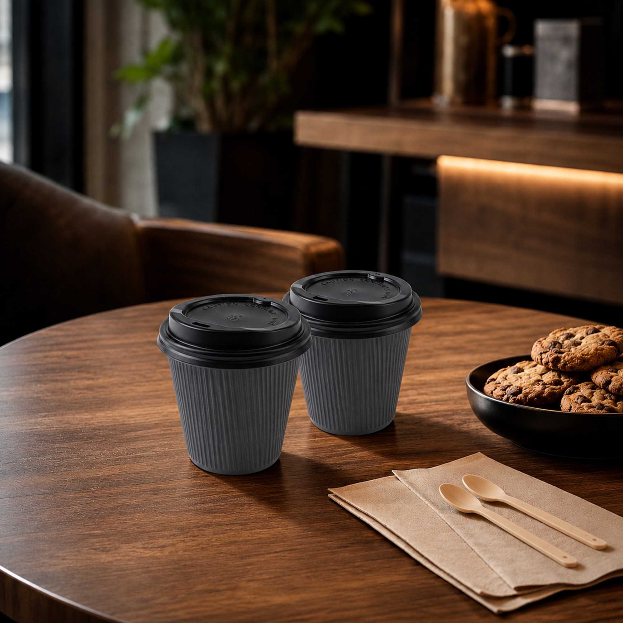 Restpresso 8 oz Gray Paper Ripple Wall Coffee Cup - with Black Lid - 3 1/2" x 3 1/2" x 4" - 400 count box