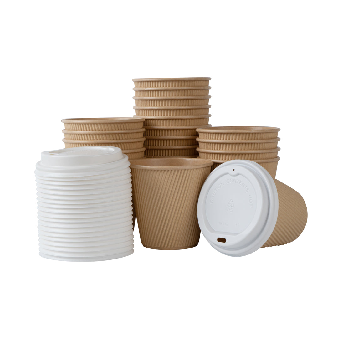 Restpresso 8 oz Kraft Paper Ripple Wall Coffee Cup - with White Lid - 3 1/2" x 3 1/2" x 4" - 400 count box