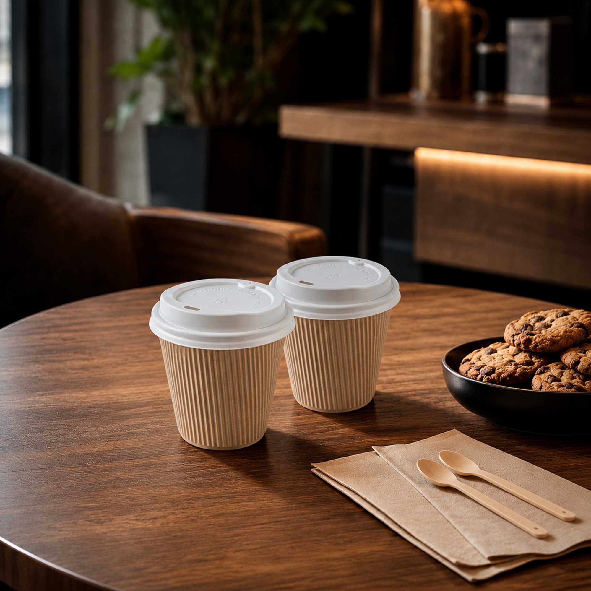 Restpresso 8 oz Kraft Paper Ripple Wall Coffee Cup - with White Lid - 3 1/2" x 3 1/2" x 4" - 400 count box
