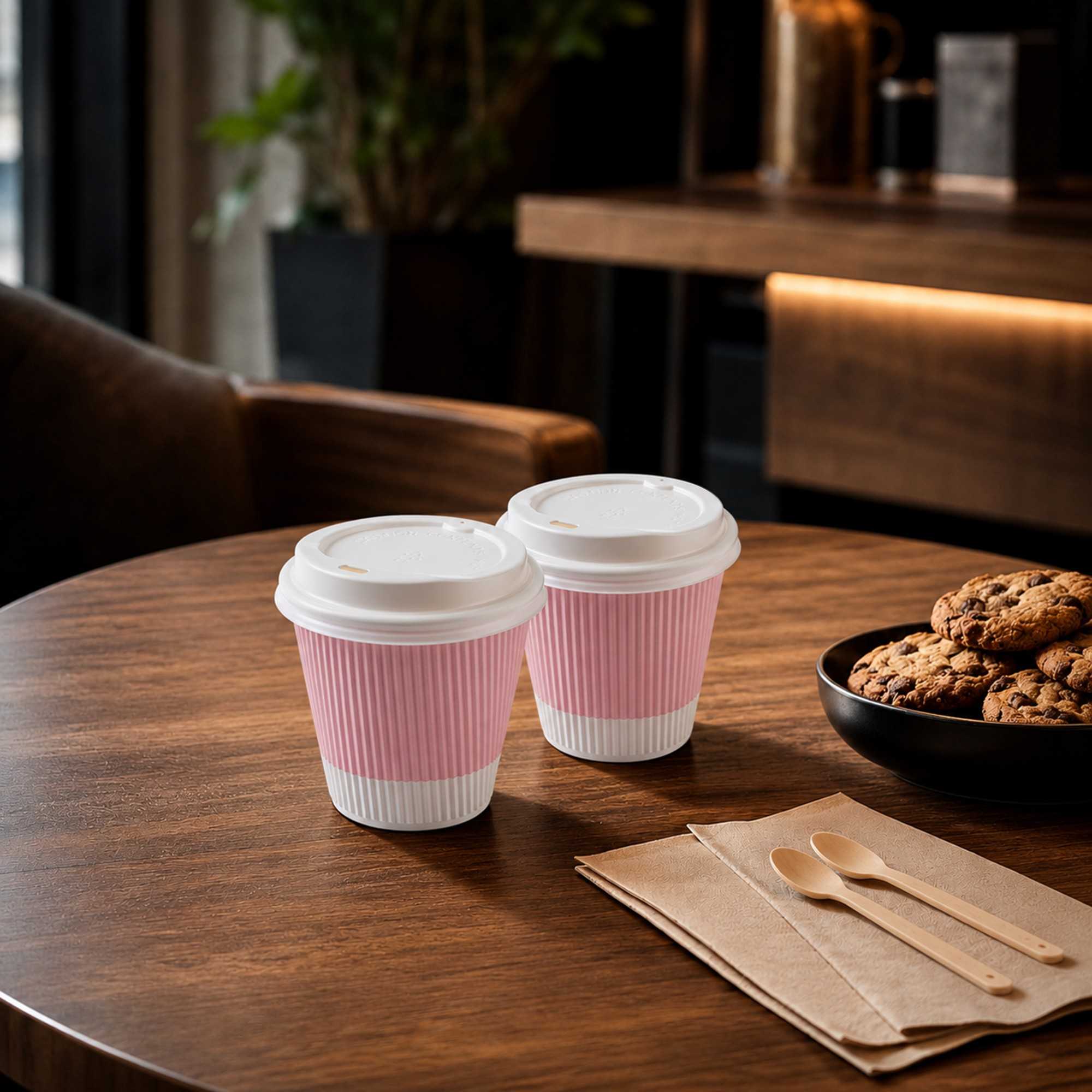 Restpresso 8 oz Light Pink Paper Ripple Wall Coffee Cup - with White Lid - 3 1/2" x 3 1/2" x 4" - 400 count box