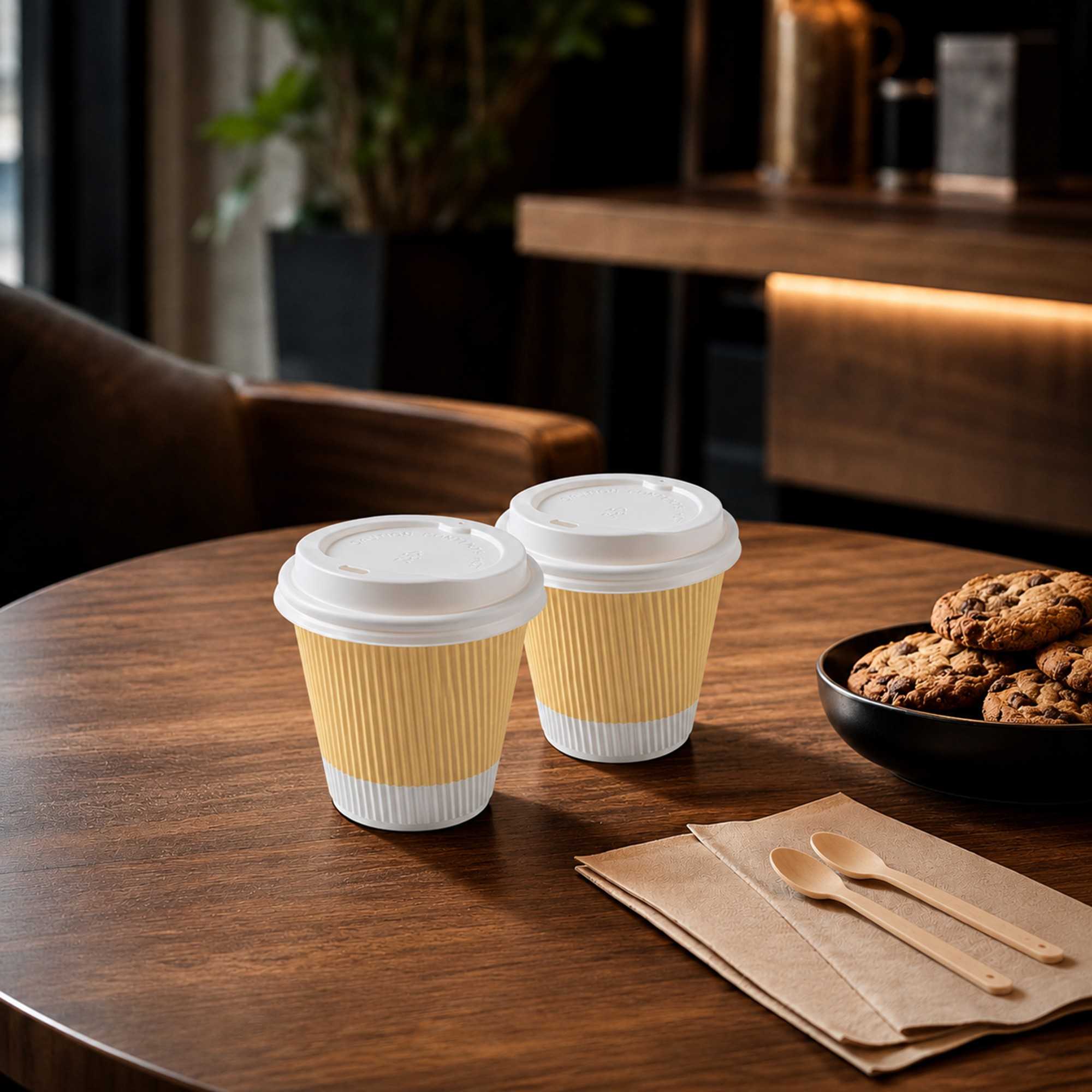 Restpresso 8 oz Light Yellow Paper Ripple Wall Coffee Cup - with White Lid - 3 1/2" x 3 1/2" x 4" - 400 count box