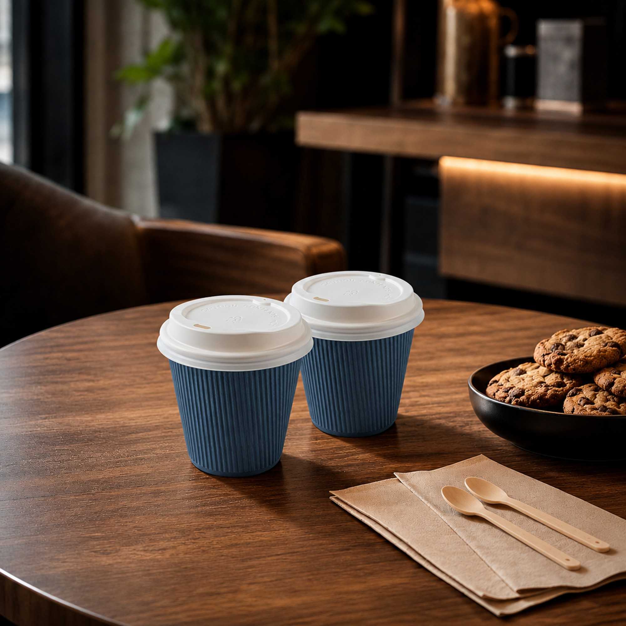 Restpresso 8 oz Midnight Blue Paper Ripple Wall Coffee Cup - with White Lid - 3 1/2" x 3 1/2" x 4" - 400 count box