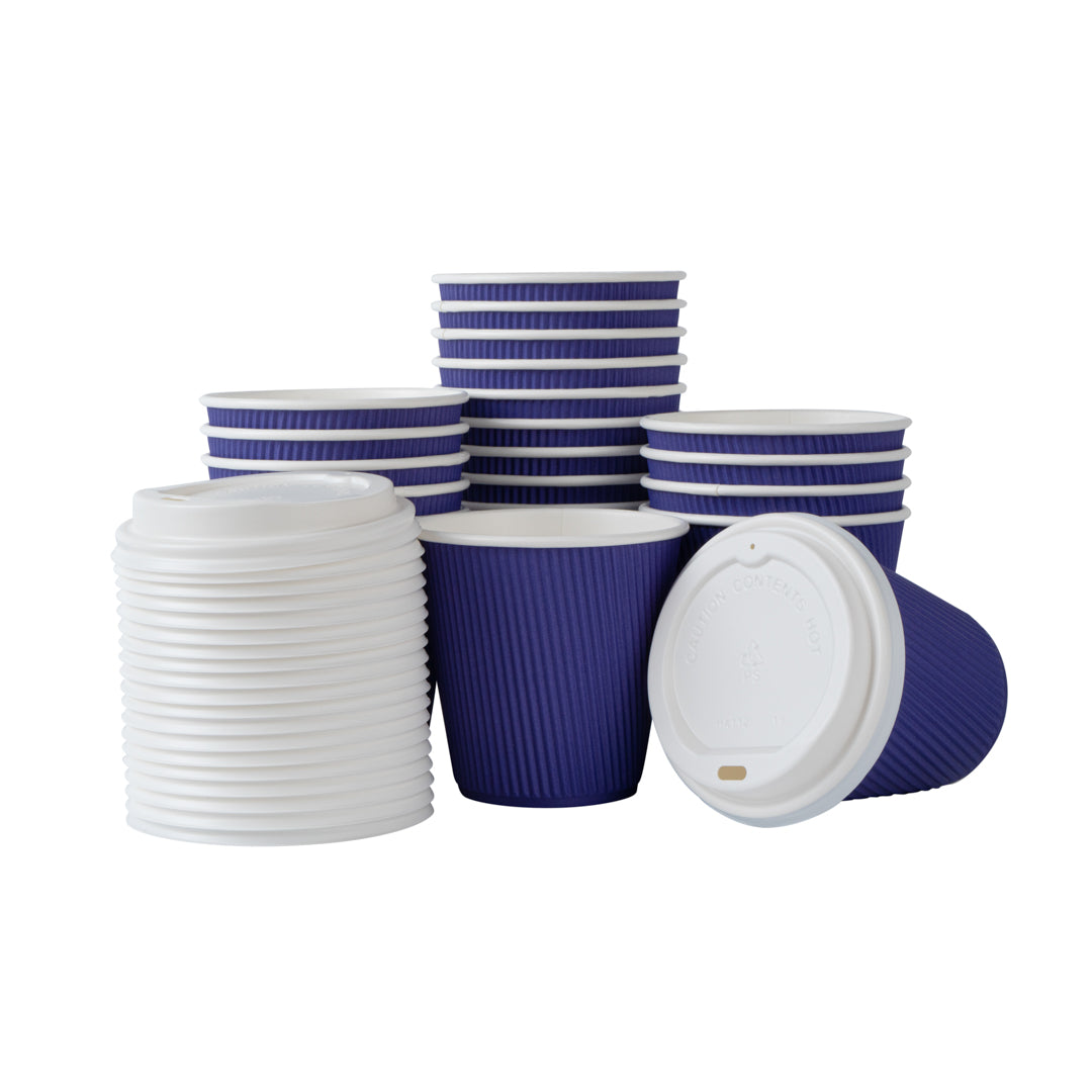 Restpresso 8 oz Royal Purple Paper Ripple Wall Coffee Cup - with White Lid - 3 1/2" x 3 1/2" x 4" - 400 count box