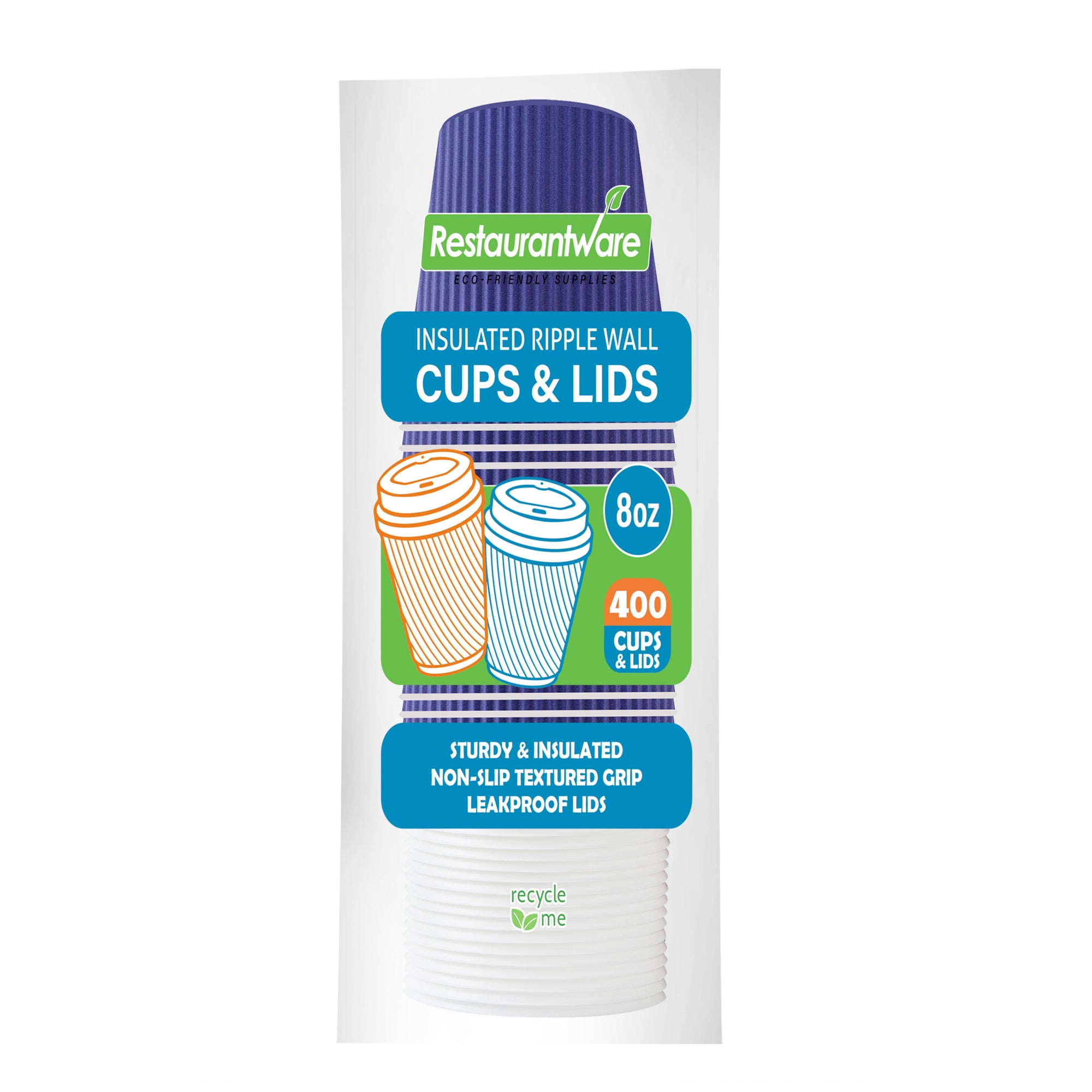 Restpresso 8 oz Royal Purple Paper Ripple Wall Coffee Cup - with White Lid - 3 1/2" x 3 1/2" x 4" - 400 count box