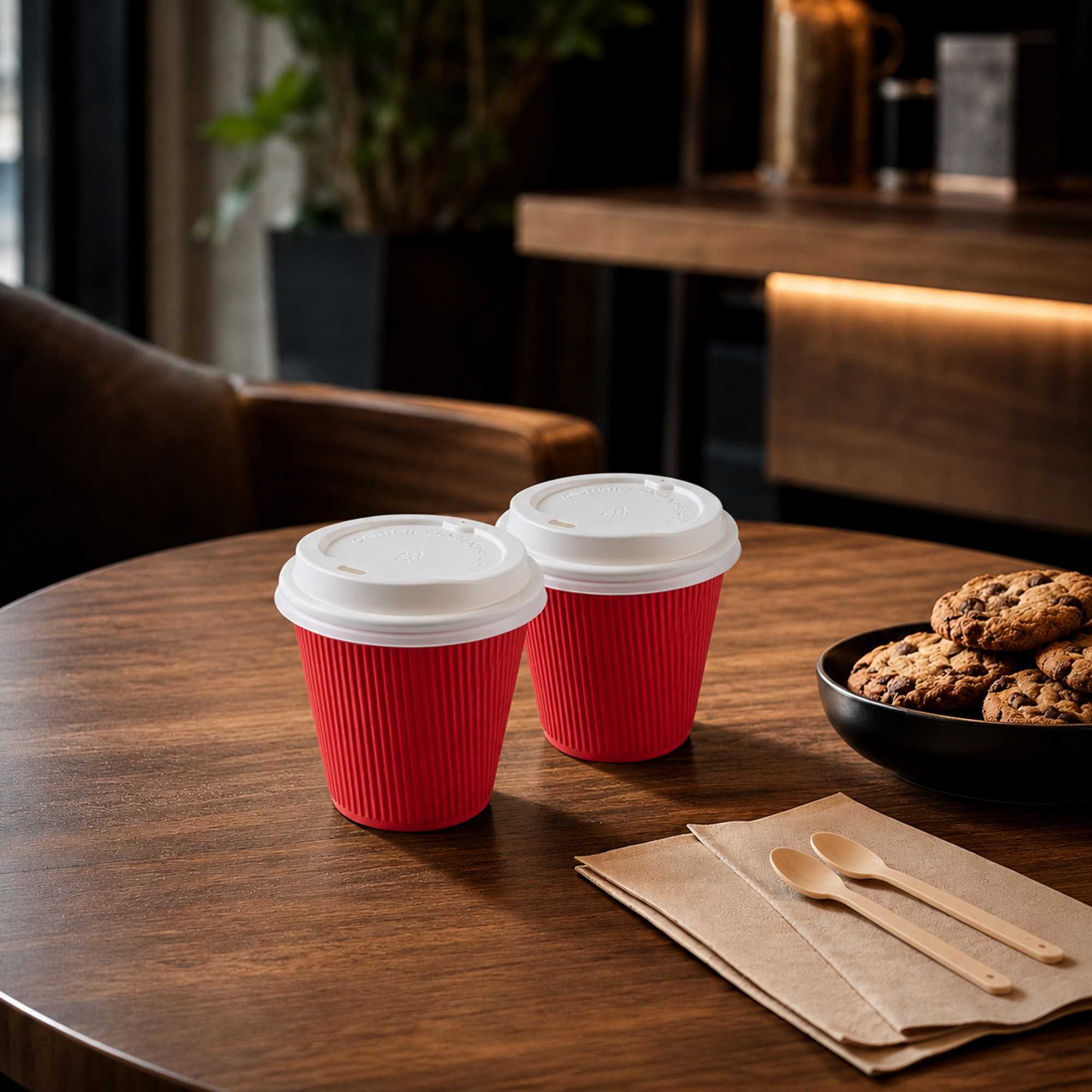 Restpresso 8 oz Red Paper Ripple Wall Coffee Cup - with White Lid - 3 1/2" x 3 1/2" x 4" - 400 count box