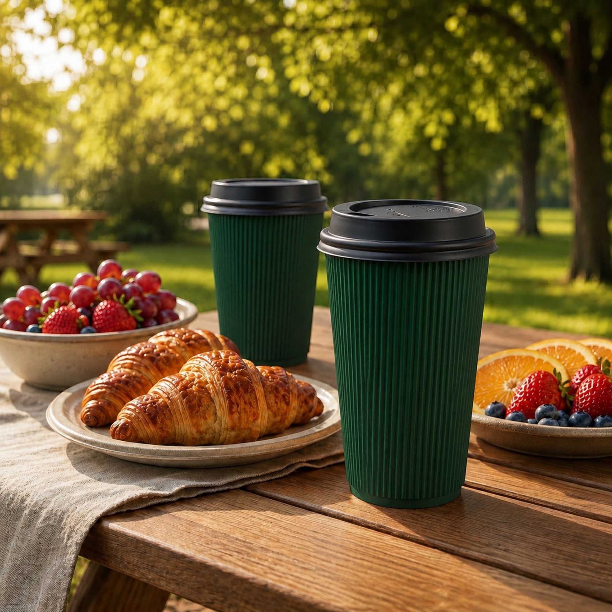 Restpresso 16 oz Forest Green Paper Ripple Wall Coffee Cup - with Black Lid - 3 1/2" x 3 1/2" x 6 1/4" - 200 count box