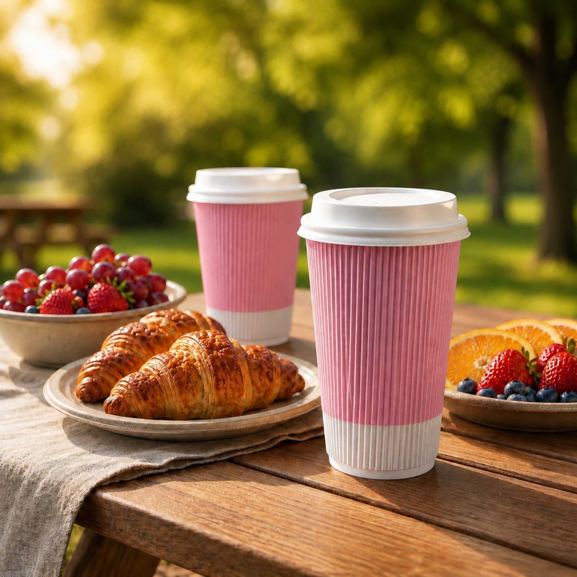 Restpresso 16 oz Light Pink Paper Ripple Wall Coffee Cup - with White Lid - 3 1/2" x 3 1/2" x 6 1/4" - 200 count box