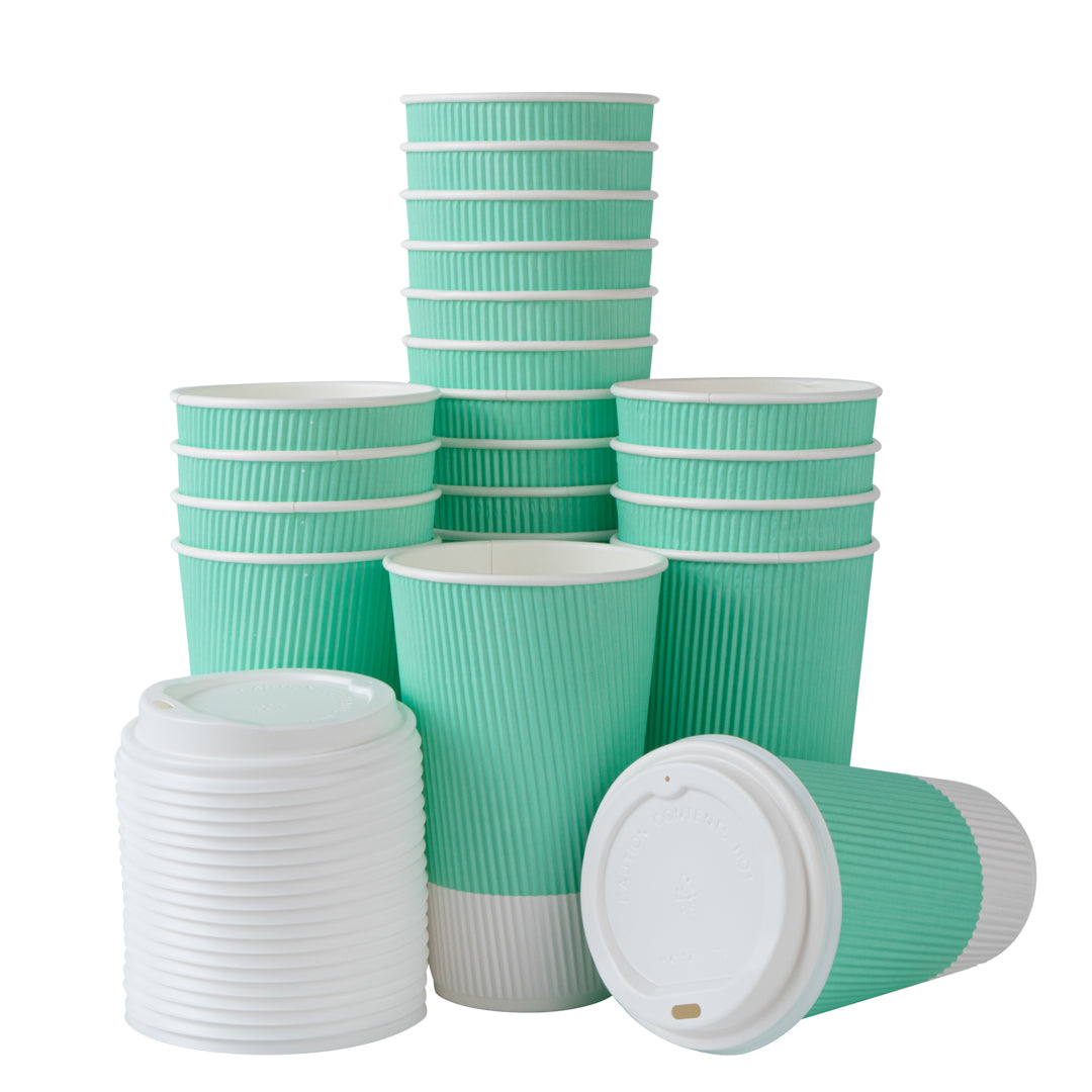 Restpresso 16 oz Light Green Paper Ripple Wall Coffee Cup - with White Lid - 3 1/2" x 3 1/2" x 6 1/4" - 200 count box
