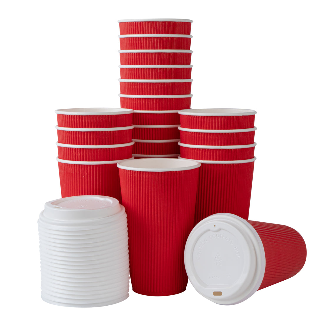 Restpresso 16 oz Red Paper Ripple Wall Coffee Cup - with White Lid - 3 1/2" x 3 1/2" x 6 1/4" - 200 count box