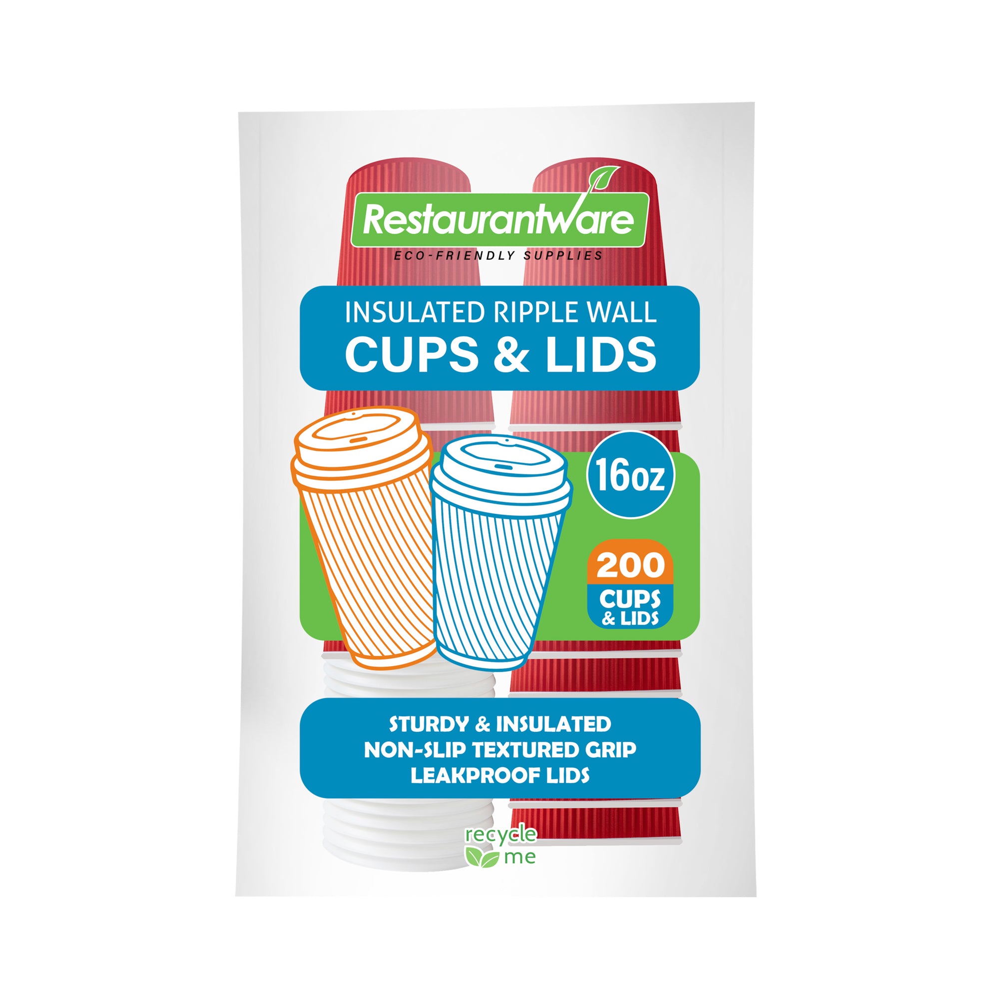 Restpresso 16 oz Red Paper Ripple Wall Coffee Cup - with White Lid - 3 1/2" x 3 1/2" x 6 1/4" - 200 count box