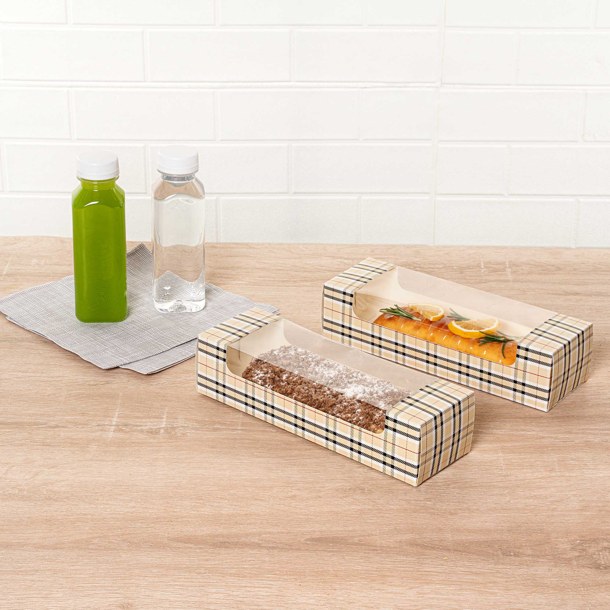 Pastry Tek Plaid Paper Pastry / Cake Box - with Window - 9 3/4" x 3 1/4" x 2 1/4" - 100 count box