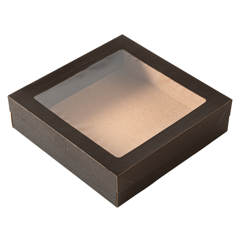 Cater Tek Square Black Paper Catering Box - with Window Lid - 9" x 9" x 2 1/4" - 10 count box