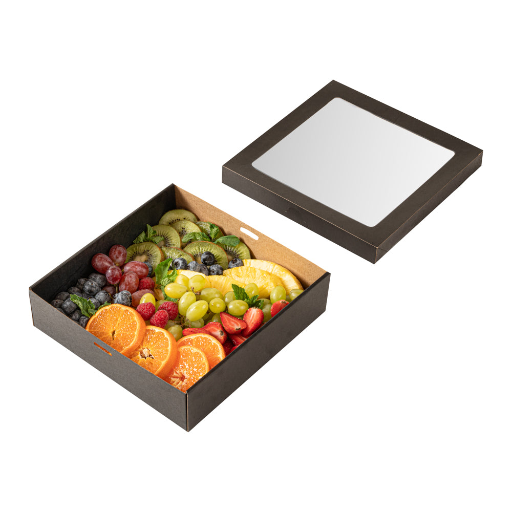 Cater Tek Square Black Paper Catering Box - with Window Lid - 9" x 9" x 2 1/4" - 10 count box
