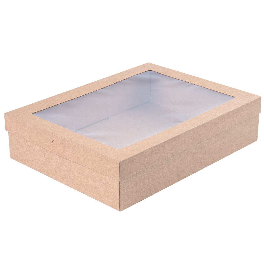 Cater Tek Rectangle Kraft Paper Catering Box - with Window Lid - 14 1/4" x 10" x 3 1/4" - 10 count box