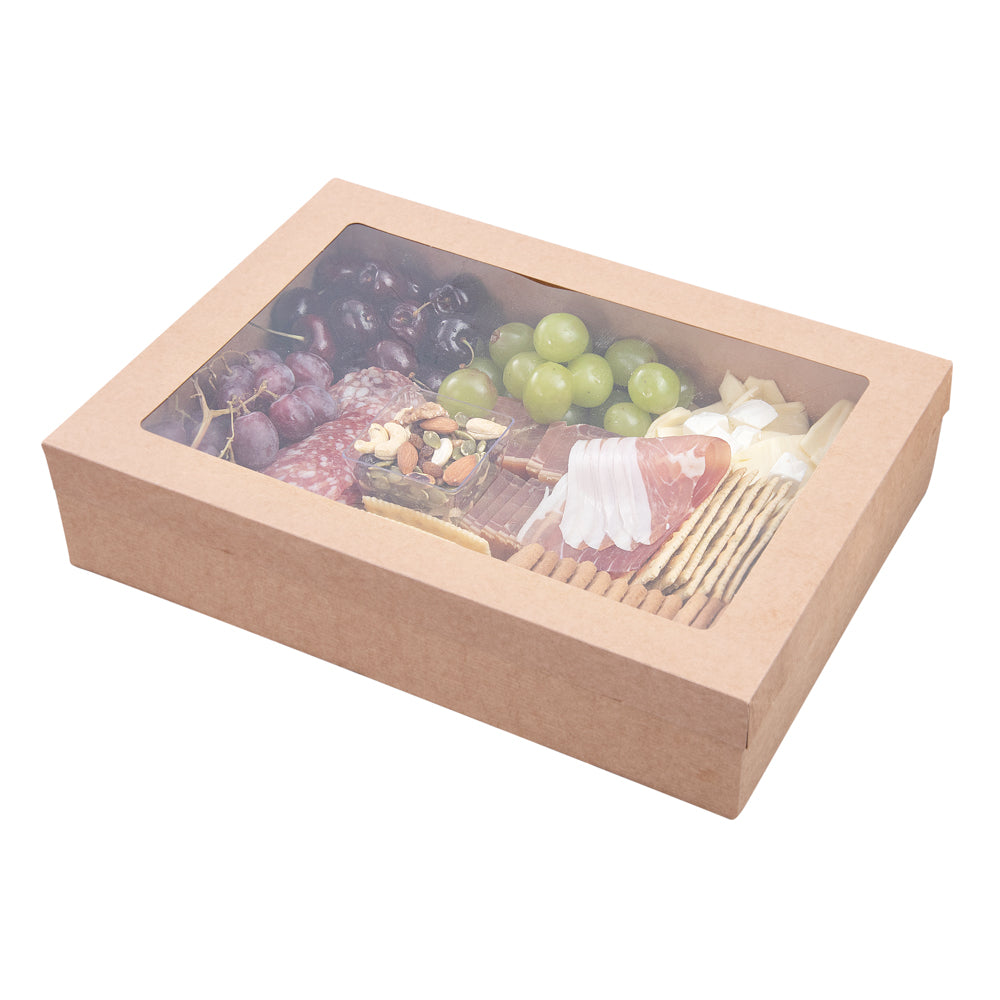 Cater Tek Rectangle Kraft Paper Catering Box - with Window Lid - 14 1/4" x 10" x 3 1/4" - 10 count box