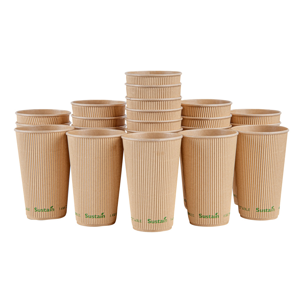 Sustain 16 oz Kraft Paper Coffee Cup - PLA Lining, Compostable, Ripple Wall - 3 1/2" x 3 1/2" x 5 1/2" - 25 count box