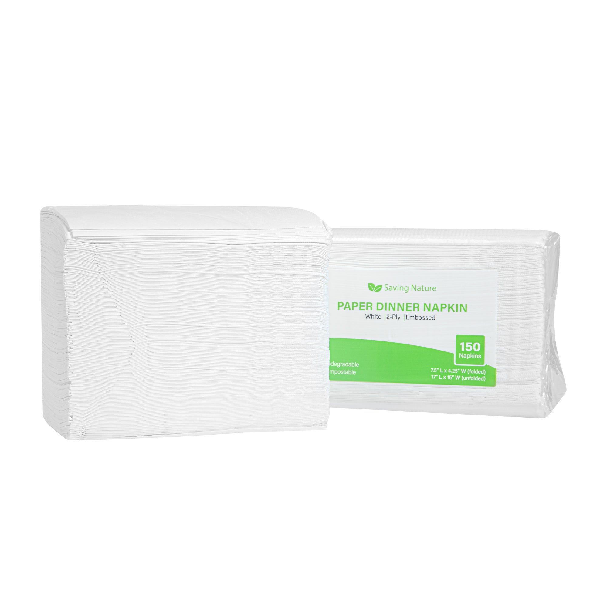 Saving Nature Rectangle White Paper Dinner Napkin - 2-Ply - 17" x 15" - 150 count box