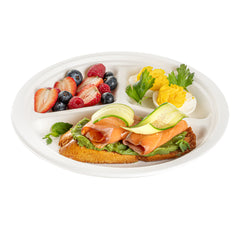 Pulp Safe No PFAS Added White Sugarcane / Bagasse Plate - Home Compostable, 3-Compartment - 10 1/4