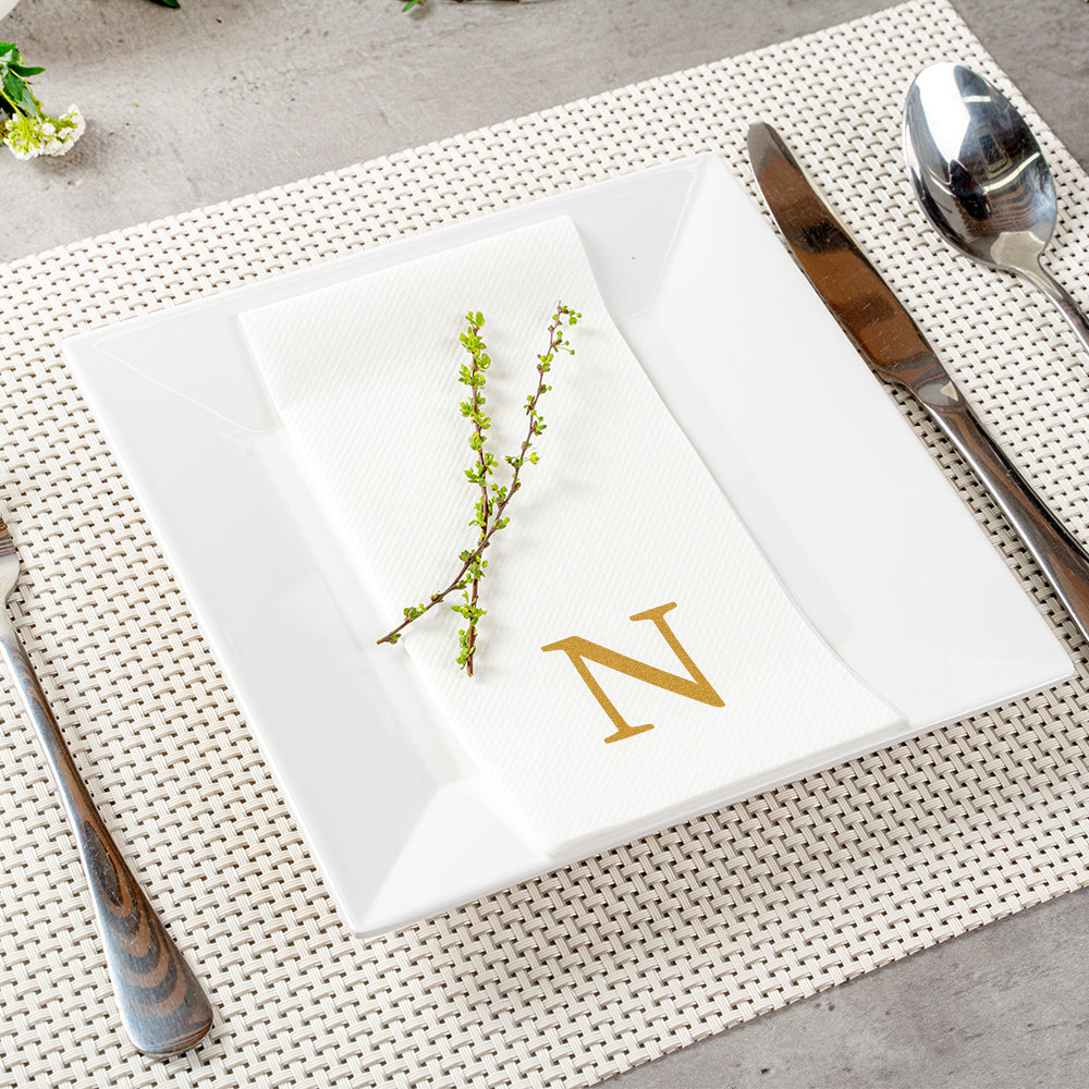 Luxenap Rectangle Gold Letter N White Paper Linen-Feel Guest Towel / Napkin - Air Laid, Sans Serif Font - 15 3/4" x 8" - 2000 count box