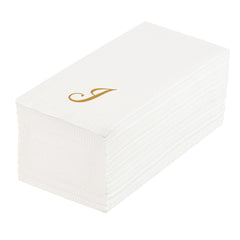 Luxenap Rectangle Gold Letter J White Paper Linen-Feel Guest Towel - Air Laid, Cursive Font - 15 3/4