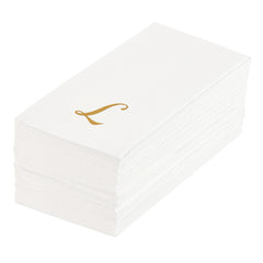 Luxenap Rectangle Gold Letter L White Paper Linen-Feel Guest Towel - Air Laid, Cursive Font - 15 3/4