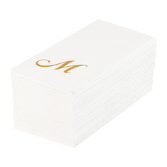 Luxenap Rectangle Gold Letter M White Paper Linen-Feel Guest Towel - Air Laid, Cursive Font - 15 3/4