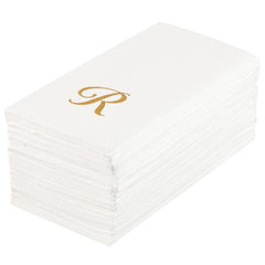 Luxenap Rectangle Gold Letter R White Paper Linen-Feel Guest Towel - Air Laid, Cursive Font - 15 3/4