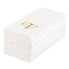 Luxenap Rectangle Gold Letter V White Paper Linen-Feel Guest Towel - Air Laid, Cursive Font - 15 3/4