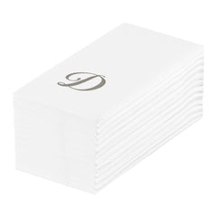 Luxenap Rectangle Silver Letter D White Paper Linen-Feel Guest Towel - Air Laid, Cursive Font - 15 3/4