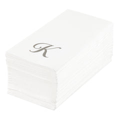 Luxenap Rectangle Silver Letter K White Paper Linen-Feel Guest Towel - Air Laid, Cursive Font - 15 3/4