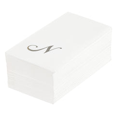 Luxenap Rectangle Silver Letter N White Paper Linen-Feel Guest Towel - Air Laid, Cursive Font - 15 3/4