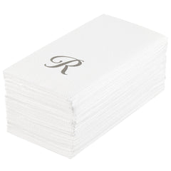 Luxenap Rectangle Silver Letter R White Paper Linen-Feel Guest Towel - Air Laid, Cursive Font - 15 3/4