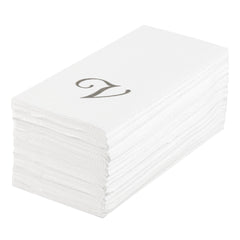 Luxenap Rectangle Silver Letter V White Paper Linen-Feel Guest Towel - Air Laid, Cursive Font - 15 3/4