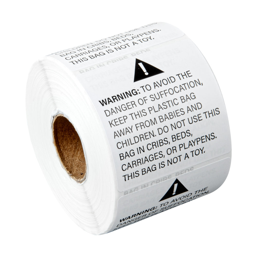 Label Tek White Paper Suffocation Warning Label - 2" x 2" - 500 count roll