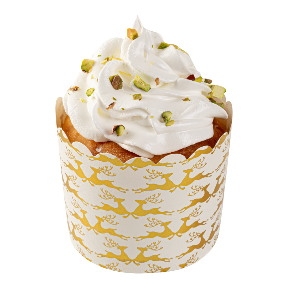 Panificio 4.5 oz White Paper Scalloped Baking Cup - Gold Reindeer - 2 3/4" x 2 3/4" x 2" - 50 count box
