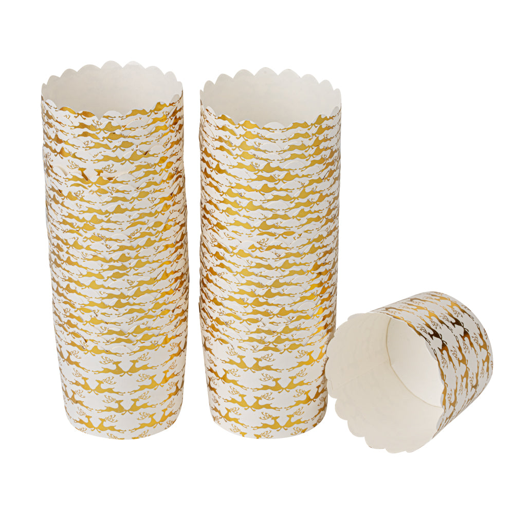 Panificio 4.5 oz White Paper Scalloped Baking Cup - Gold Reindeer - 2 3/4" x 2 3/4" x 2" - 50 count box