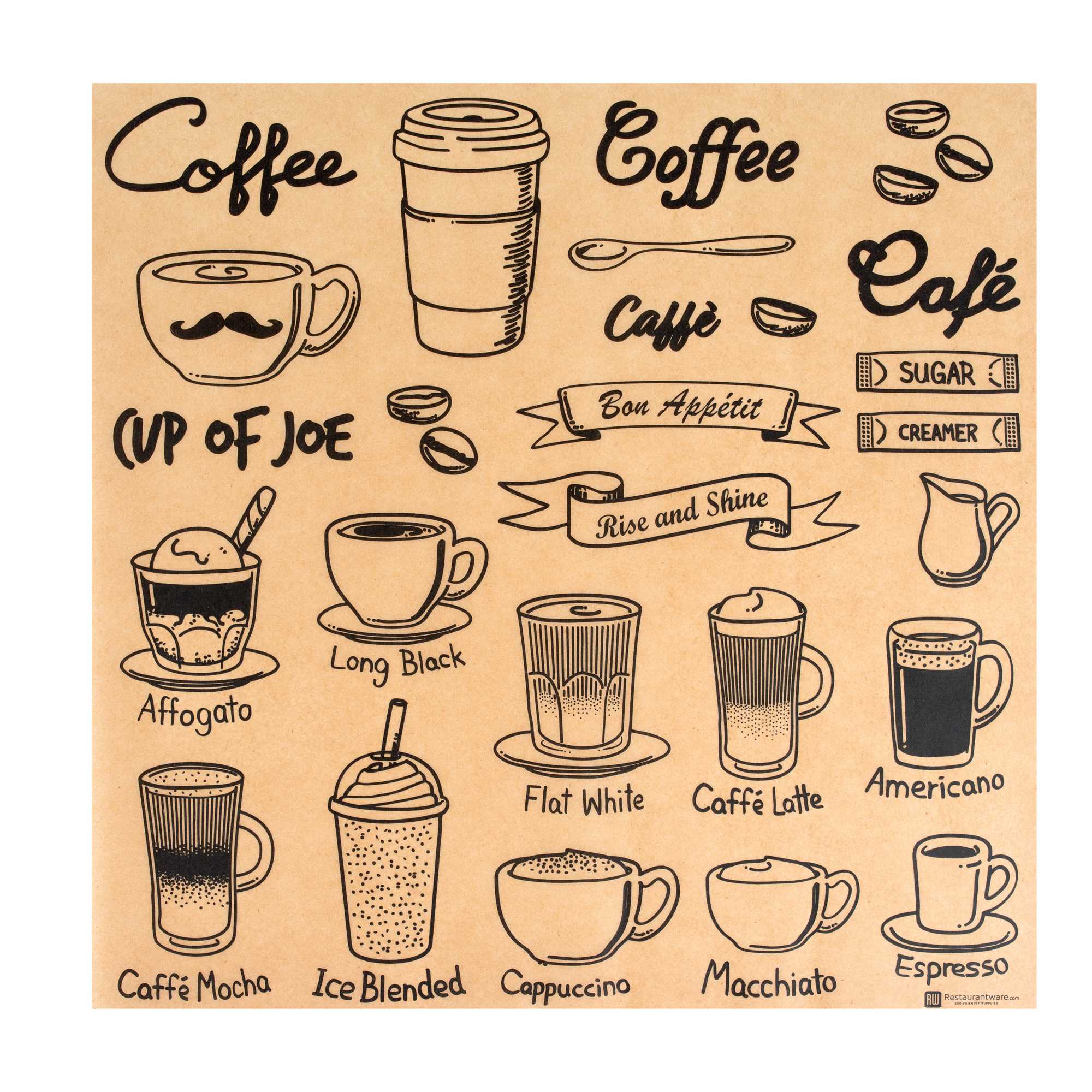 Chef 101 No PFAS Added Kraft Paper Coffee Shop Wrap and Pastry Liner - Cup of Joe, Greaseproof - 12" x 12" - 200 count box