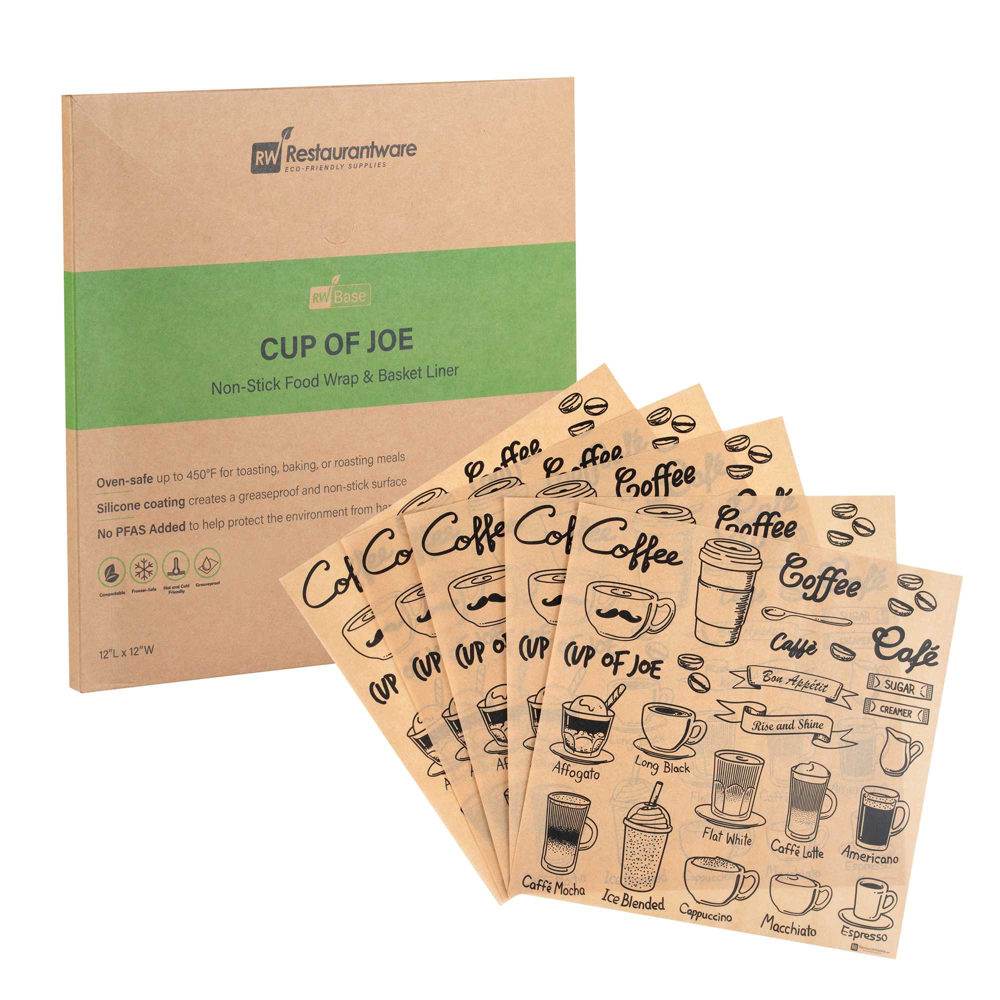 Chef 101 No PFAS Added Kraft Paper Coffee Shop Wrap and Pastry Liner - Cup of Joe, Greaseproof - 12" x 12" - 200 count box