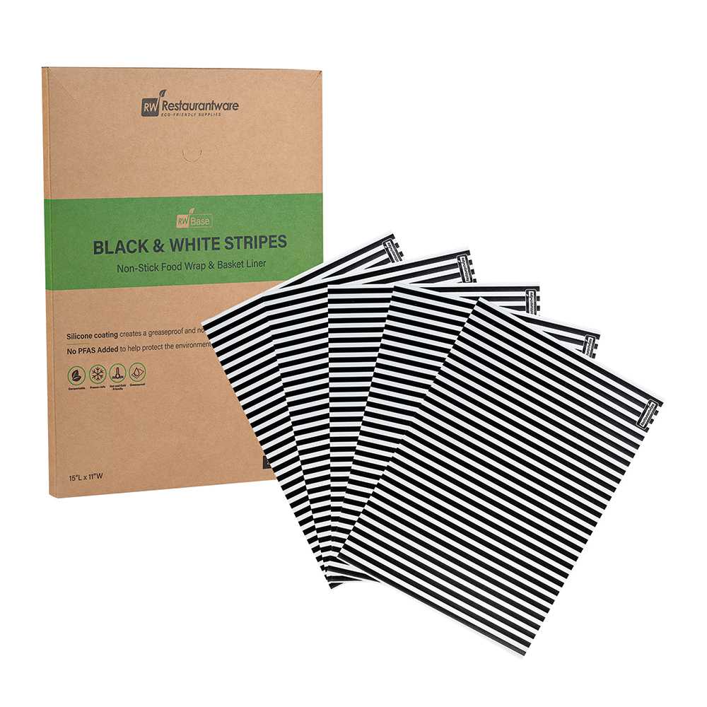 Chef 101 No PFAS Added Black and White Stripe Paper Food Wrap and Basket Liner - Greaseproof, Compostable - 15" x 11" - 200 count box