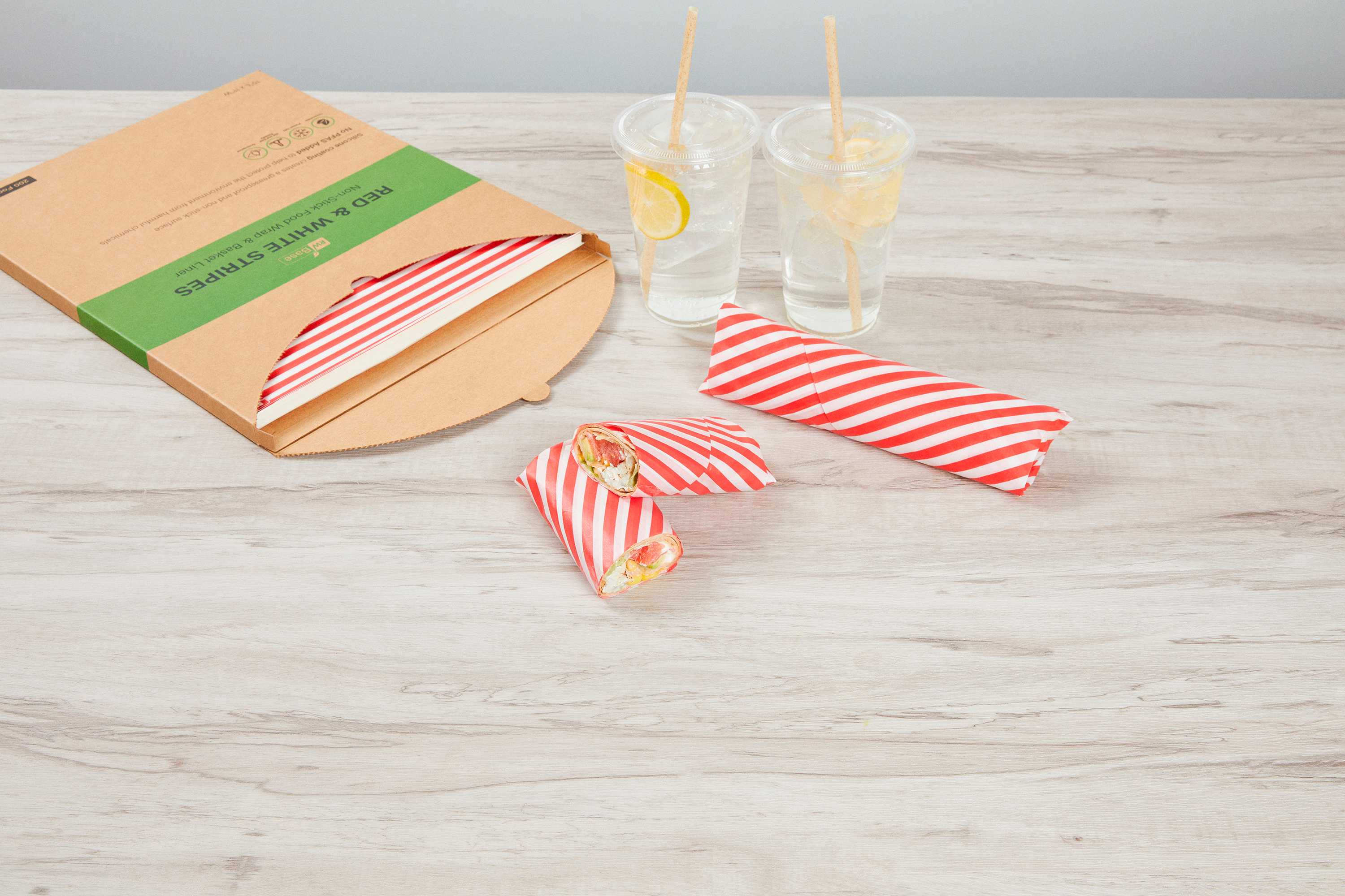 Chef 101 No PFAS Added Red and White Stripe Paper Food Wrap and Basket Liner - Greaseproof, Compostable - 15" x 11" - 200 count box