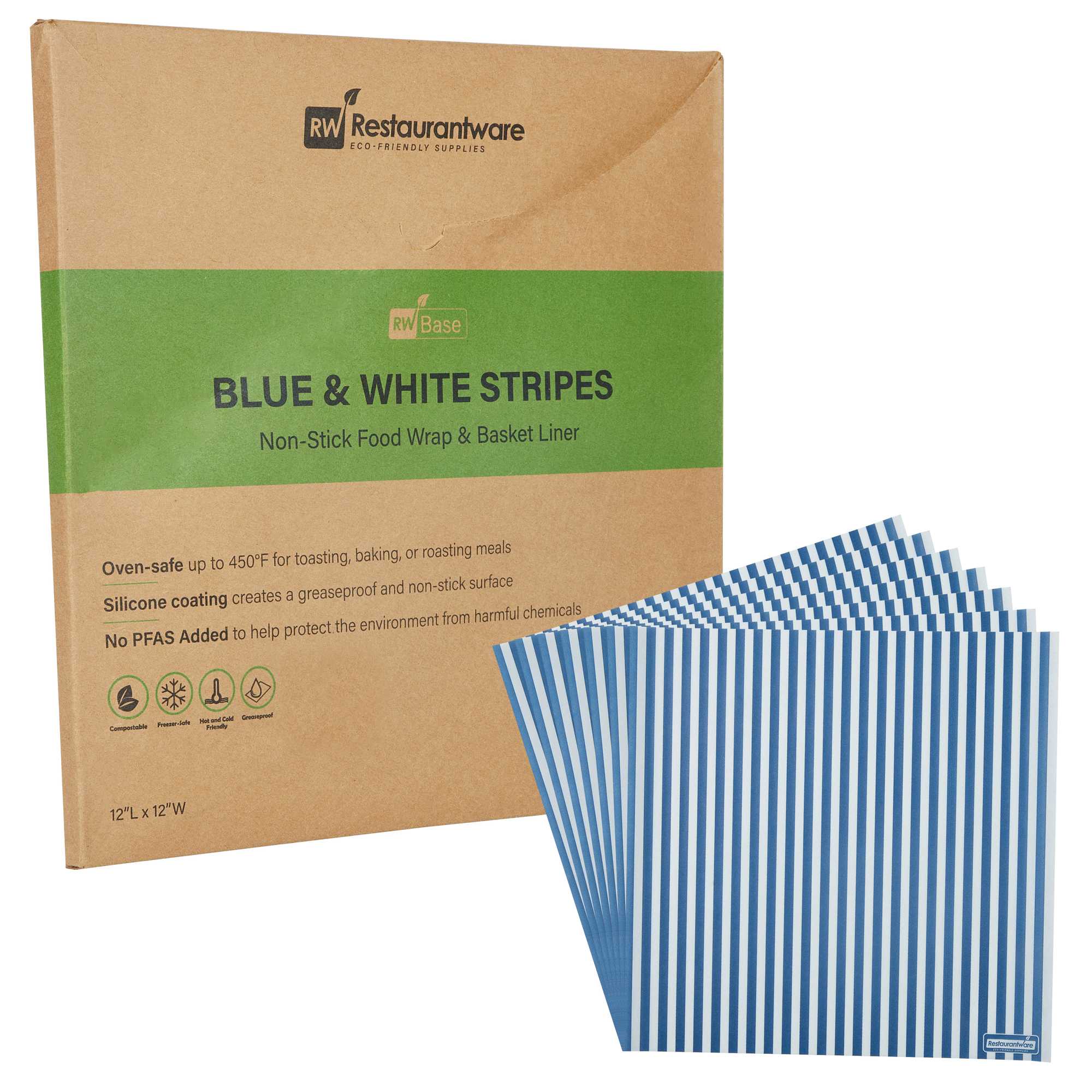 Chef 101 No PFAS Added Blue and White Stripe Paper Bakery Wrap and Basket Liner - Greaseproof - 12" x 12" - 2000 count box
