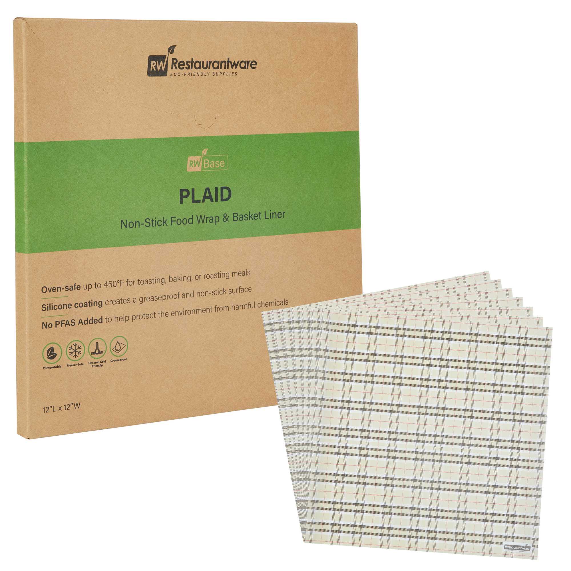 Chef 101 No PFAS Added Plaid Paper Bakery Wrap and Basket Liner - Greaseproof - 12" x 12" - 200 count box