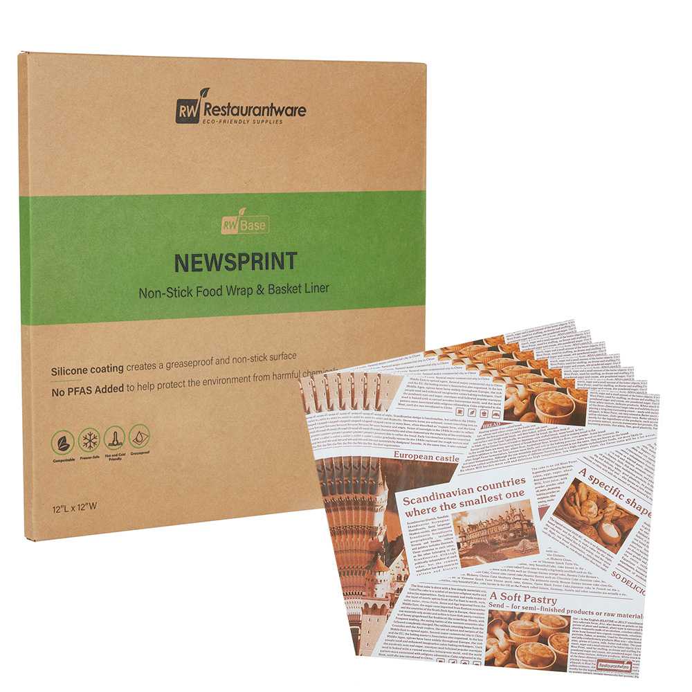Chef 101 No PFAS Added Newsprint Paper Bakery Wrap and Basket Liner - Greaseproof - 12" x 12" - 200 count box