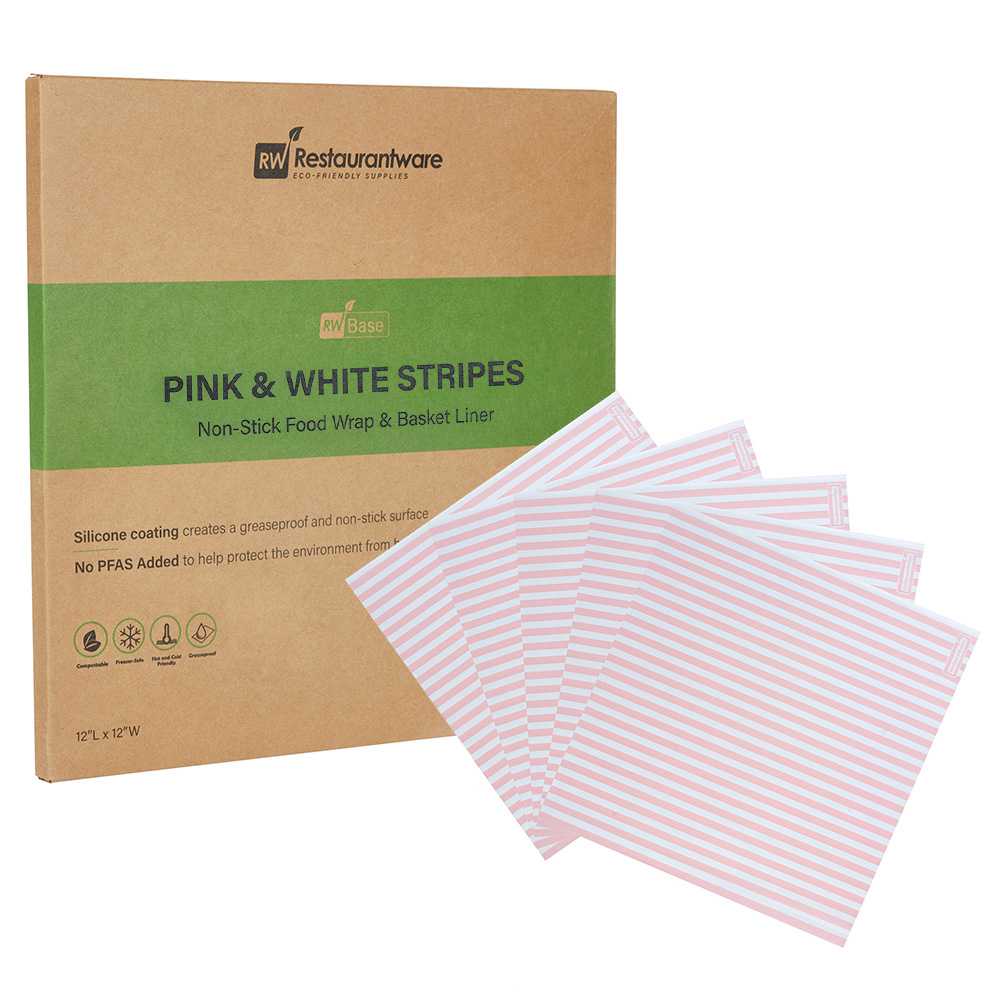 Chef 101 No PFAS Added Pink and White Stripe Paper Bakery Wrap and Basket Liner - Greaseproof - 12" x 12" - 2000 count box
