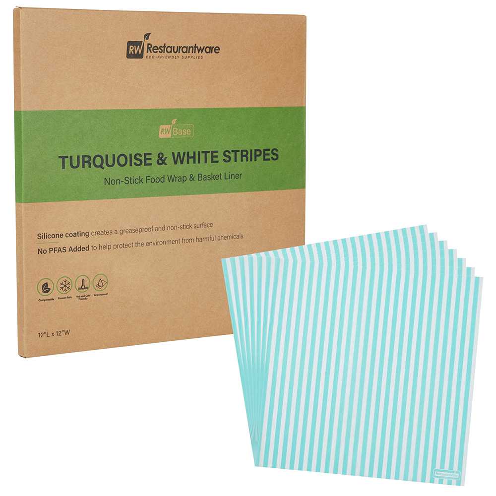 Chef 101 No PFAS Added Turquoise and White Stripe Paper Bakery Wrap and Basket Liner - Greaseproof - 12" x 12" - 2000 count box