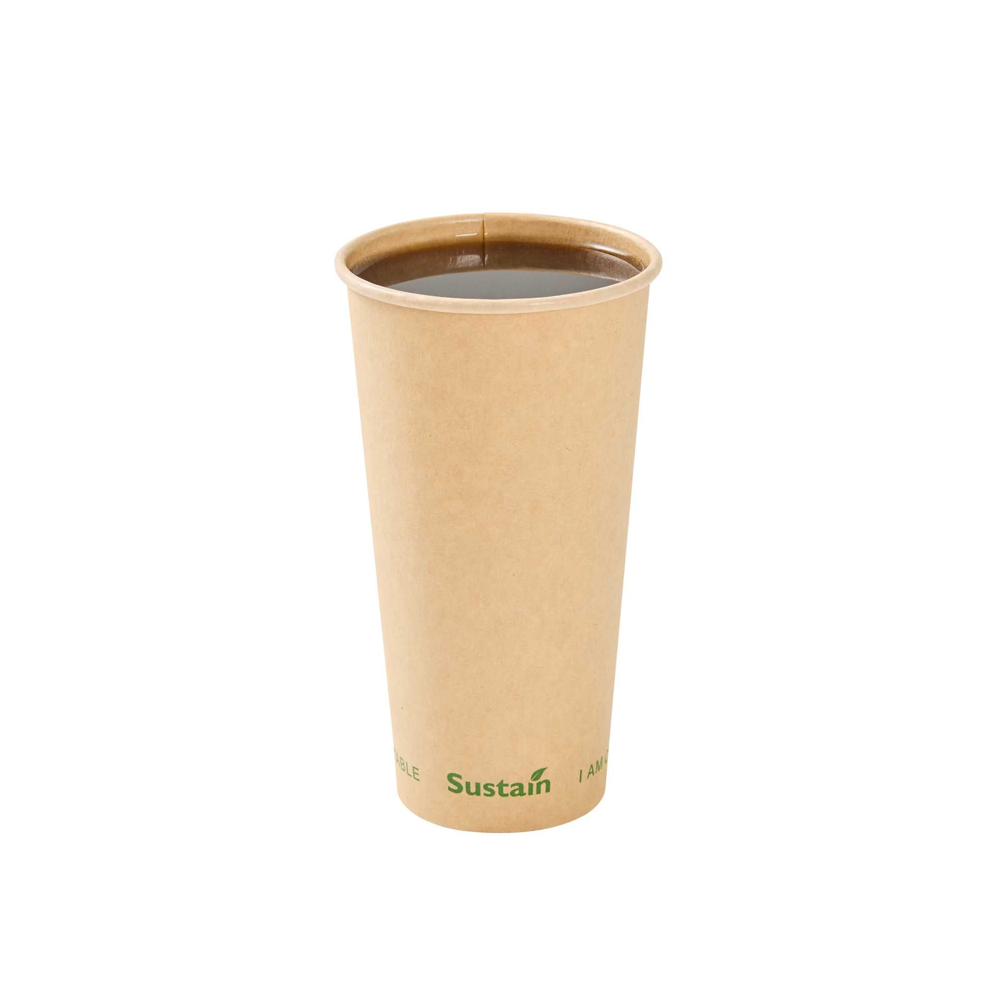 Sustain 20 oz Kraft Paper Coffee Cup - PLA Lining, Compostable, Single Wall - 3 1/2" x 3 1/2" x 6 1/4" - 50 count box